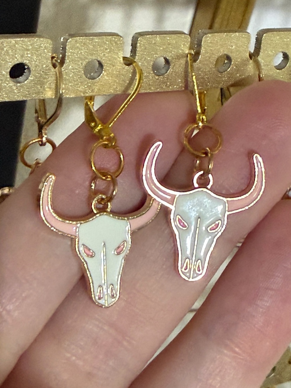 Bull Skull Enamel Dangle Earrings - Pink & White
